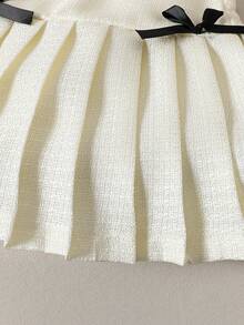 Elladie kids 年轻女孩时尚圆领珍珠纽扣 3D 蝴蝶结长袖夹克和百褶裙两件套，适合派对、生日、公主风格、春秋季 - 白色 - 查看 5