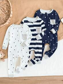3pcs Baby Boy Soft & Comfortable Striped & Star Print Zipper Jumpsuit, Long Sleeve & Pants Homewear Set