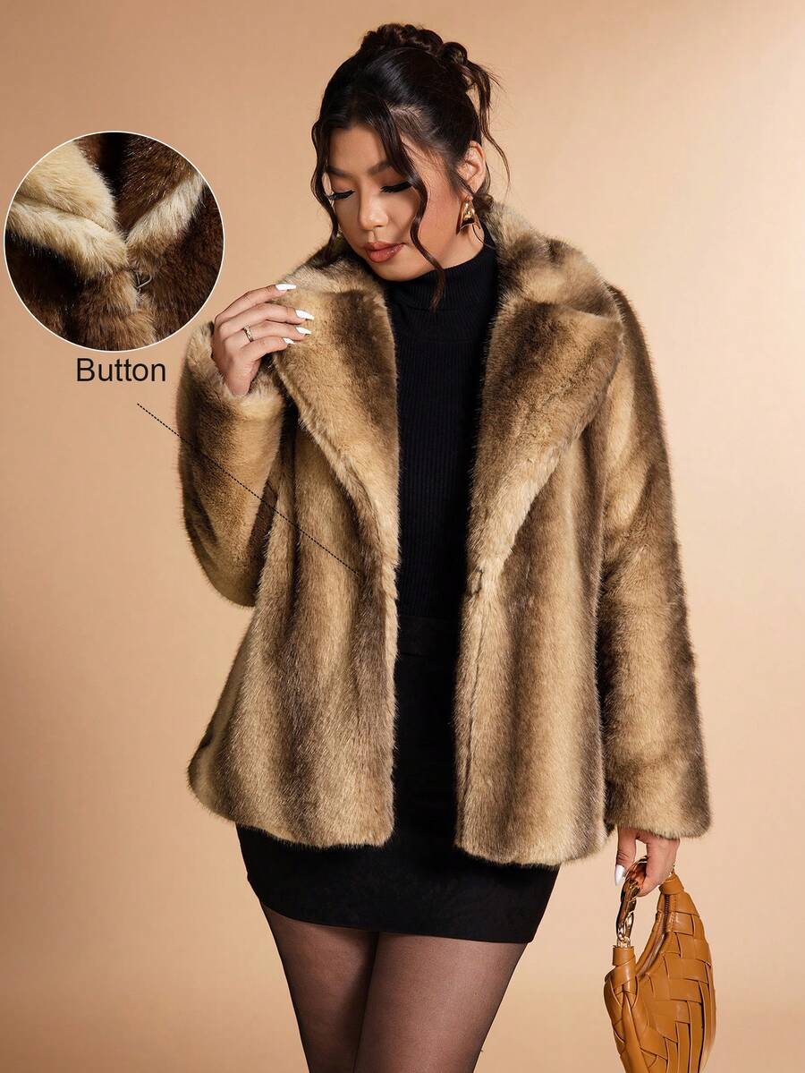 Cravure Plus Size Women Loose Turndown Collar Long Faux Fur Coat, Winter - Brown - View 1