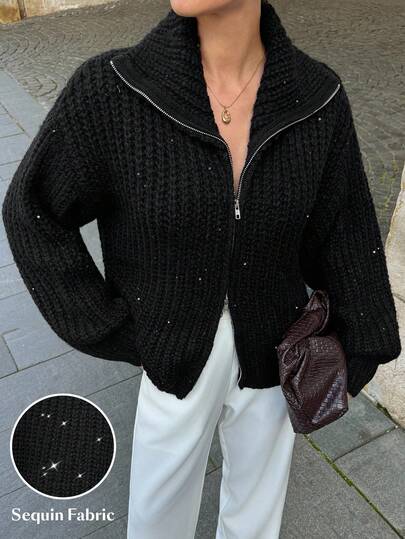 Lavishia 亮片针织立领前拉链宽松女式毛衣外套，时尚女式秋冬装