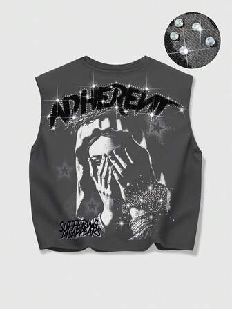 Grunge Punk Men's Summer Fashionable Street Punk Style Virgin Mary Letter Print Rhinestone Embellished Loose Tank Top