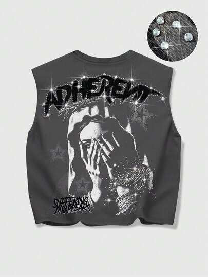 Grunge Punk Camiseta de tirantes holgada con estampado de Virgen María y adornos de strass, estilo callejero casual y fashionable para hombre en verano