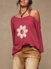 SHEIN VCAY Plus Size Floral Applique Asymmetric Collar Casual Long Sleeve T-Shirt - Dusty Pink - View 2