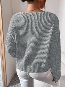 RueChic Solid Color Drop Shoulder Casual Sweater Pullover - Grey - View 2