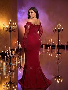 Glamrae Plus Size Elegant Sexy Red Off-The-Shoulder Lace Trim Long Sleeves Sheer Lace Patchwork Ruffle Waist Mermaid Hem Suitable For Wedding Party Celebration Formal Event Dinner Dress (Heavy Embellished Design)