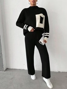 EURMUSE 女士對比色立領毛衣套裝 - 黑色 - 查看 5