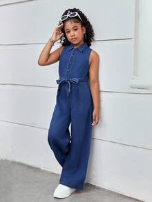 Tween Girl Spring Summer Break Bowknot Twisted Waist Design Casual Baggy Denim Jumpsuit With Stand Collar,Girls Summer Beach Boho Vacation Shorts, Summer Concert Festival Casual Rave Outfits, Girls Summer Brunch Church Graduation Outfits,Streetwear Back To School Outfits, Denim Wide Leg Jumpsuit, Jumpsuits Girls - Dark Wash - View 6