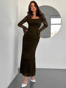 Firerie 女士优雅简约浪漫迷人通勤休闲方领蕾丝褶饰喇叭袖白色紧身中长连衣裙，适合情人节 - 咖啡 - 查看 6