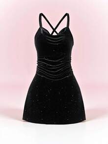 Tween Girl Solid Color Criss-Cross Back Shiny Draped Neck Dress