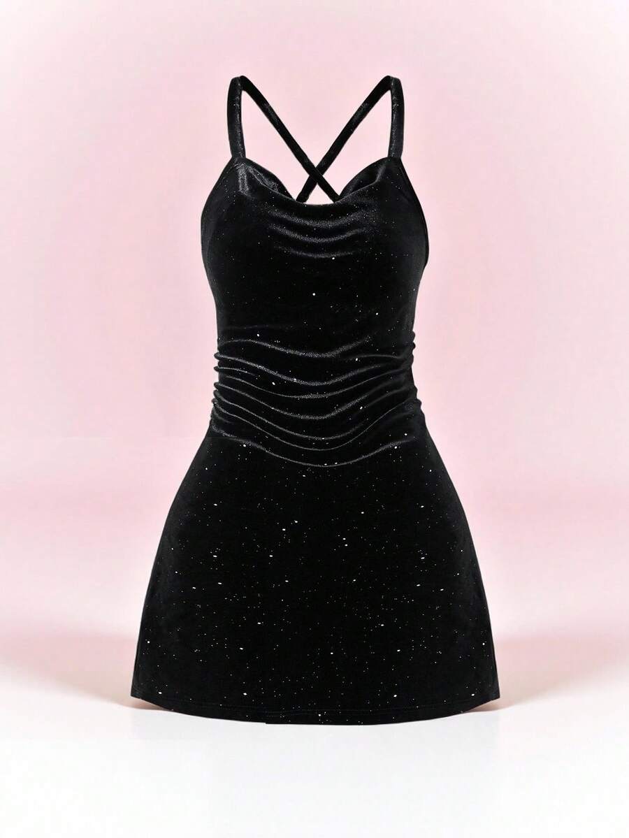 Tween Girl Solid Color Criss-Cross Back Shiny Draped Neck Dress