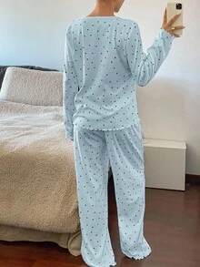 Livesso 2件套可爱蝴蝶结装饰波点印花荷叶边长袖睡衣套装，冬季服装 - 淺藍色 - 查看 2