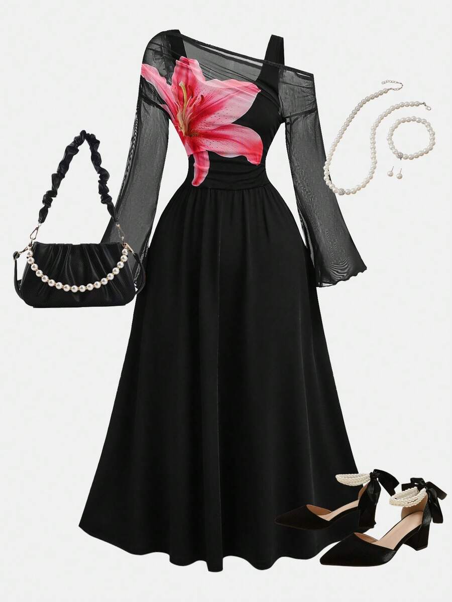 SHEIN Girlism Robe longue à manches trompette en maille élégante avec imprimé floral tricoté et épaules dénudées pour adolescentes. Robe de couleur unie, robe à ourlet solaire, sous-vêtement d'automne et d'hiver, robe de soirée, robe de bal de promo