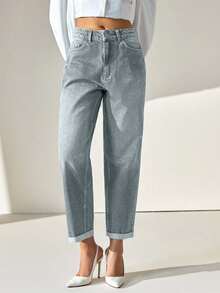 CLARA VERO High Waist Folded Hem Loose Mom Jean - Baby Blue - View 4