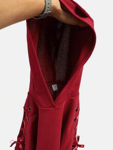 SHEIN Girlism Áo nỉ dài tay có mũ trùm đầu hình tai mèo màu đen phong cách đường phố dành cho bé gái tuổi teen, áo nỉ ngắn tay màu đỏ cho mùa thu/đông, áo nỉ có nơ cho bé gái. - Màu Đỏ Sâu - Xem 6