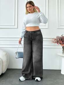 EURMUSE PLUS SIZE DENIM BAGGY WIDE LEG MID WAIST JEANS - Black - View 4