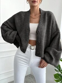 EURMUSE Women's Solid Color Drop Shoulder Long Sleeve Single-Breasted Knit Cardigan, Autumn/Winter - Dark Grey - View 4
