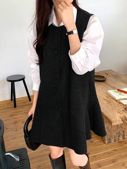 DAZY 女士纯色休闲校园风长连衣裙，韩版时尚，秋冬夏季女装