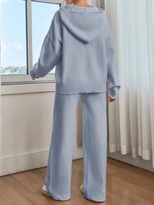 EURMUSE Women Solid Color Drop Shoulder Hooded Pullover & Sweater Pants Set - Baby Blue - View 4
