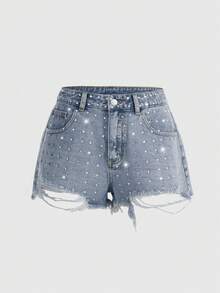 ROMWE Grunge Punk Shorts vaqueros súper cortos con efecto desgastado y adornos de strass para mujer - Azul - Ver 1