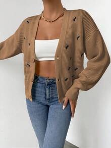 Floral Embroidery Button Down Cardigan - Apricot - View 3