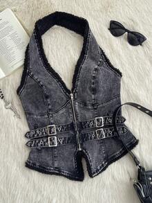 Attitoon Women's Summer Fashion Street Frayed Zip Halter Denim Top Winter Clothes For Women Women Gothic Washed Denim Halter Top With Fur Trim And Buckle Straps Sleeveless Zipper Front Cropped Jean Vest For Edgy Style Halloween Costume Sexy Tops For Women Hoodie Zip-Up Denim Top Women Halter Vest