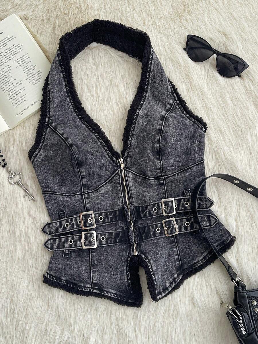Attitoon Women's Summer Fashion Street Frayed Zip Halter Denim Top Winter Clothes For Women Women Gothic Washed Denim Halter Top With Fur Trim And Buckle Straps Sleeveless Zipper Front Cropped Jean Vest For Edgy Style Halloween Costume Sexy Tops For Women Hoodie Zip-Up Denim Top Women Halter Vest
