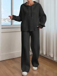 EURMUSE Women Solid Color Drop Shoulder Hooded Pullover & Sweater Pants Set - Black - View 5