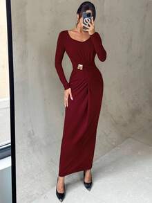 Firerie Women's Elegant Refined Daily New Commuting Minimalist Fashion Ruched High Waist Metal Decor Bodycon Long Sleeve Dark Brown Long Dress - Burgundy - View 3