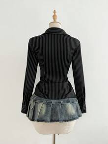 Elamini 1 件黑色 V 领纽扣条纹长袖休闲性感修身女式衬衫，适合通勤和日常穿着，冬季 - 黑色 - 查看 2