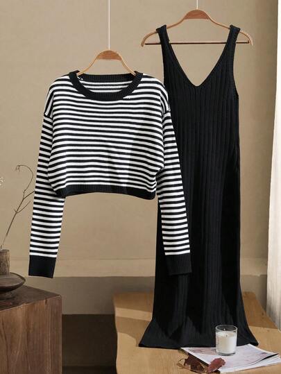 Rusticease 女士秋冬条纹落肩长袖毛衣和无袖针织连衣裙休闲两件套