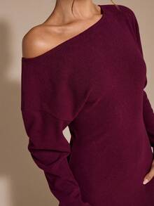 SHEIN BAE Vestido de punto ajustado con hombro asimétrico burdeos, vestido de suéter de manga larga con falso cachemira gruesa para mujer, otoño/invierno - Burdeos - Ver 7