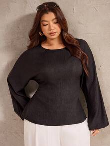 Elegantrix Blusa casual francesa de cuello redondo, cintura ceñida y mangas abullonadas para mujer de talla grande, otoño/invierno - Negro - Ver 7