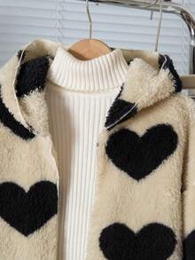 Tween Girls Casual All-Match Versatile Homewear Daily School Linen Heart Jacquard Fleece Collar Open Front Mid-Length Autumn/Winter Jacket - Khaki - View 8