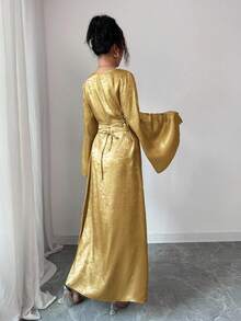 Elenzga Elegant långklänning med draperad krage, öppna ärmar och åtsittande midja, rygglöst knytband för kvinnor, vår/höst - Guld - Visa 2