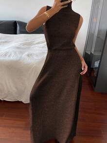 DAZY 2pcs Solid Color Fitted Turtleneck Sleeveless Top And Skirt Knit Sweater Set, Casual Elegant For Autumn/Winter - Coffee Brown - View 5