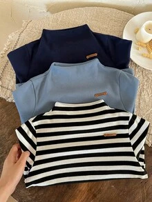 LMoss Kids 3 قطع/طقم تيشيرتات كاجوال للأولاد مخططة وبلون واحد مع طوق مطرز بحرف