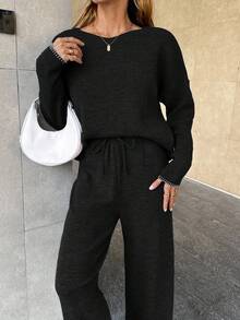 EURMUSE Women's Knitwear Co-Ords With Stitch Detail - Black - View 2