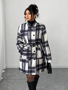 Elenzga 大码女式格子长袖双排扣优雅复古大衣，秋冬季 - 彩色 - 查看 4