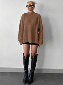 Stand Collar, Dropped Shoulder Sleeves, Short Front And Long Back Women's Sweater - Brown - View 3