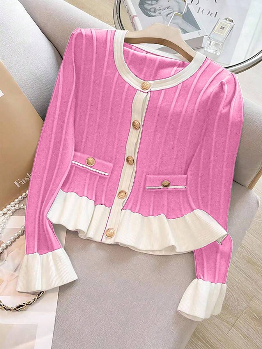 Franclia New Gentle Elegant Sweet Flare Sleeve Ruffled Hem Knit Cardigan For Women, Spring/Autumn - Hot Pink - View 1