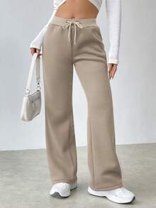 Flirla Women's Low Waist Solid Color Drawstring Waist Casual Sweatpants - Khaki - View 6