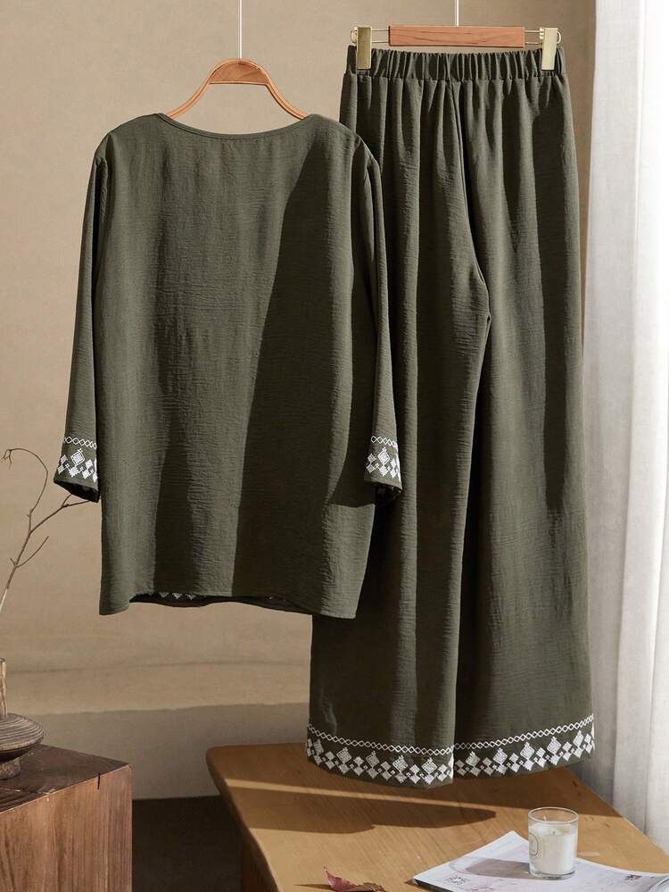 Women's Geometric Embroidery V-Neck Long Sleeve Shirt And Wide Leg Pants Casual 2 Pieces Set  Winter Clothes For Women