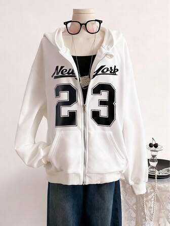 Sweetra Young 1pc Casual Minimalist Letter Pocket Zipper Sweatshirt Jacket For Teen Girl Simple Streetwear Style, Essential For Autumn/Winter, Fashionable For Outings, Shopping, Vacation