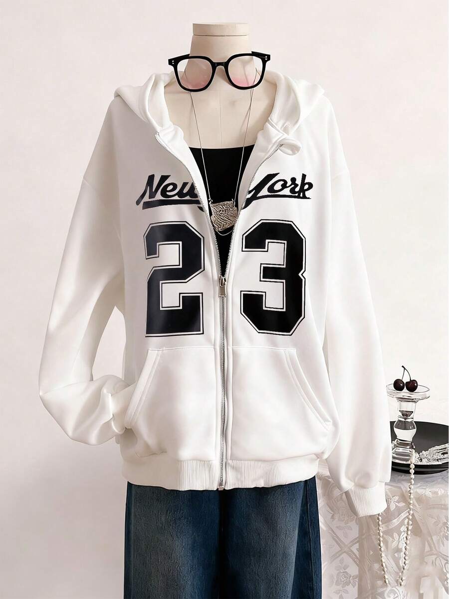 Sweetra Young 1pc Casual Minimalist Letter Pocket Zipper Sweatshirt Jacket For Teen Girl Simple Streetwear Style, Essential For Autumn/Winter, Fashionable For Outings, Shopping, Vacation - White - View 1