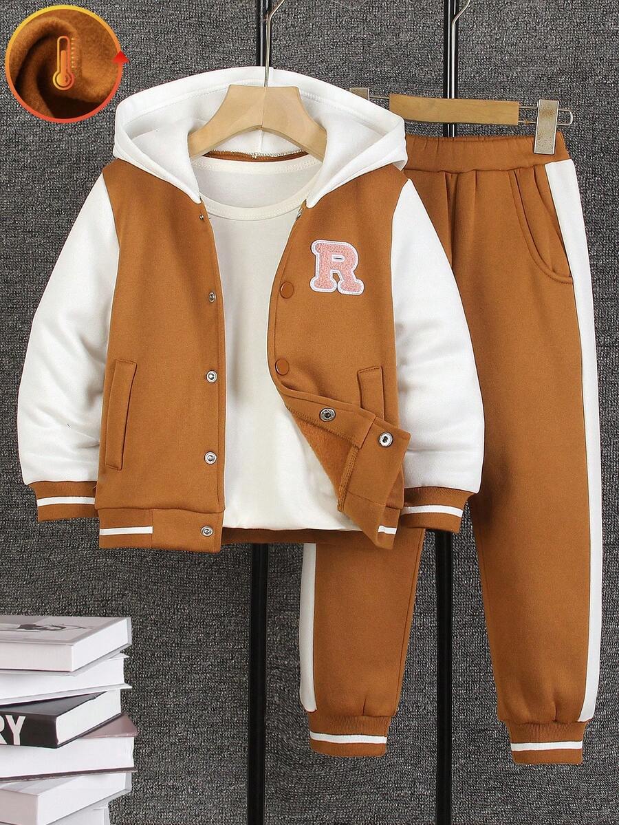 Young Boys Cartoon Hooded Long Sleeve Fleece Jacket And Pants Set, Casual Cute Street Skateboard Comfortable Outfit, Autumn/Winter - Brown - View 1