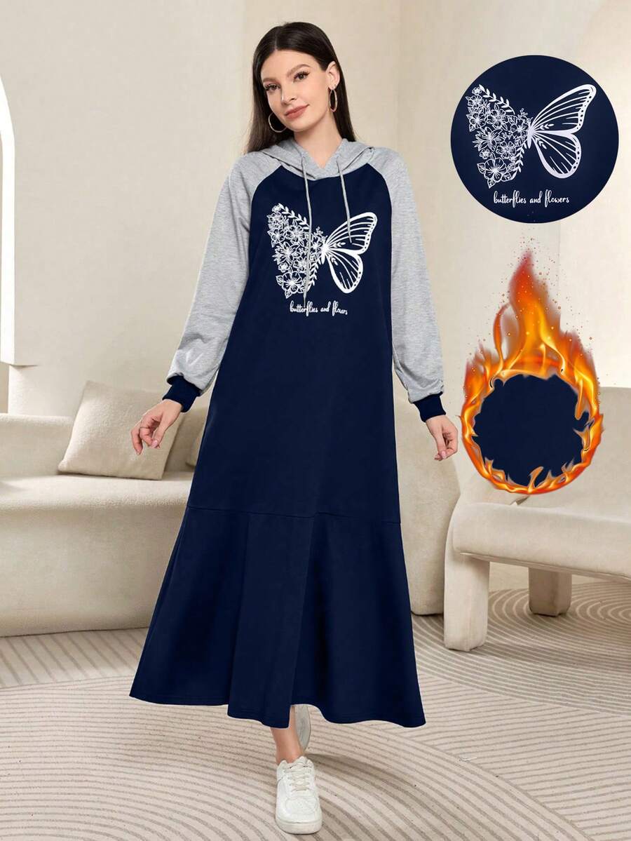 Mulvari Women's Letter & Butterfly Print Raglan Sleeve Ruffle Hem Drawstring Hooded Dress With Thermal Lined - Blue - View 1