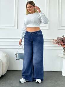 EURMUSE PLUS SIZE DENIM BAGGY WIDE LEG MID WAIST JEANS - Dark Wash - View 4