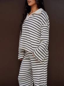 SAYEHFBABY Women's 2pcs Set Loose Striped V-Neck Drop Shoulder Long Sleeve T-Shirt &Elastic Waist Striped Pants, Winter Sweater Suit ,Autumn/Winter Women Striped Lounge Set Two Pieces Pants Set Women Two Pieces Set Casual Two Pieces Set Striped Two Pieces Set Comfortable Two Pieces Set - Black and White - View 5