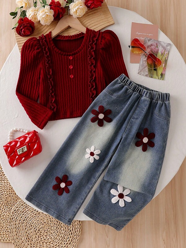2pcs/Set Toddler Girls Korean Style Sweet & Cute Ruffle Collar Long Sleeve Textured Top + Embroidered Bow Decor Straight Leg Jeans Casual Sports Suit, Suitable For Holiday, Travel, Back To School, Spring/Autumn/Winter
