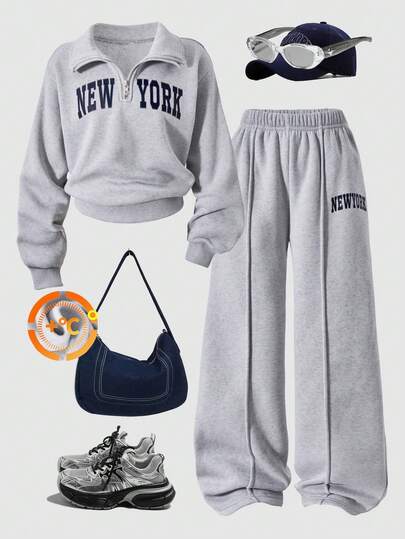 Sparklyn 青少年女孩休闲两件套，纽约字母图案连帽衫和短裤，温暖的校园装，适合日常穿着，春/秋/冬